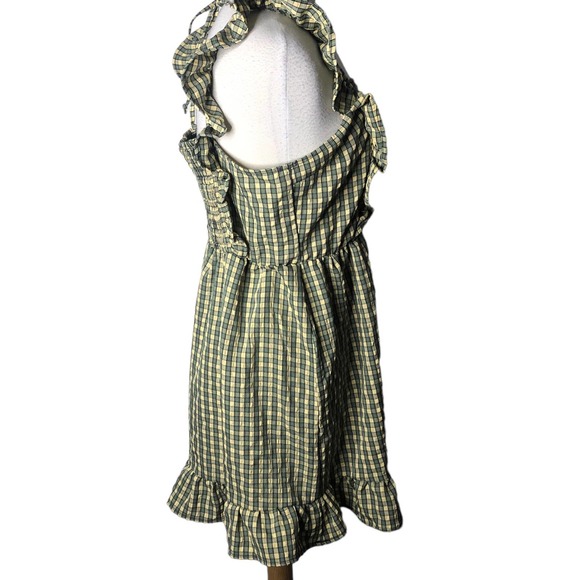 Green Yellow Gingham Ruffle Mini Dress M – Square Neck, Smocked Back Cottagecore - Picture 3 of 6